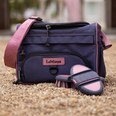 LeMieux Prokit Lite Grooming Bag in Dusk Blue with two coordinating body brushes placed in front